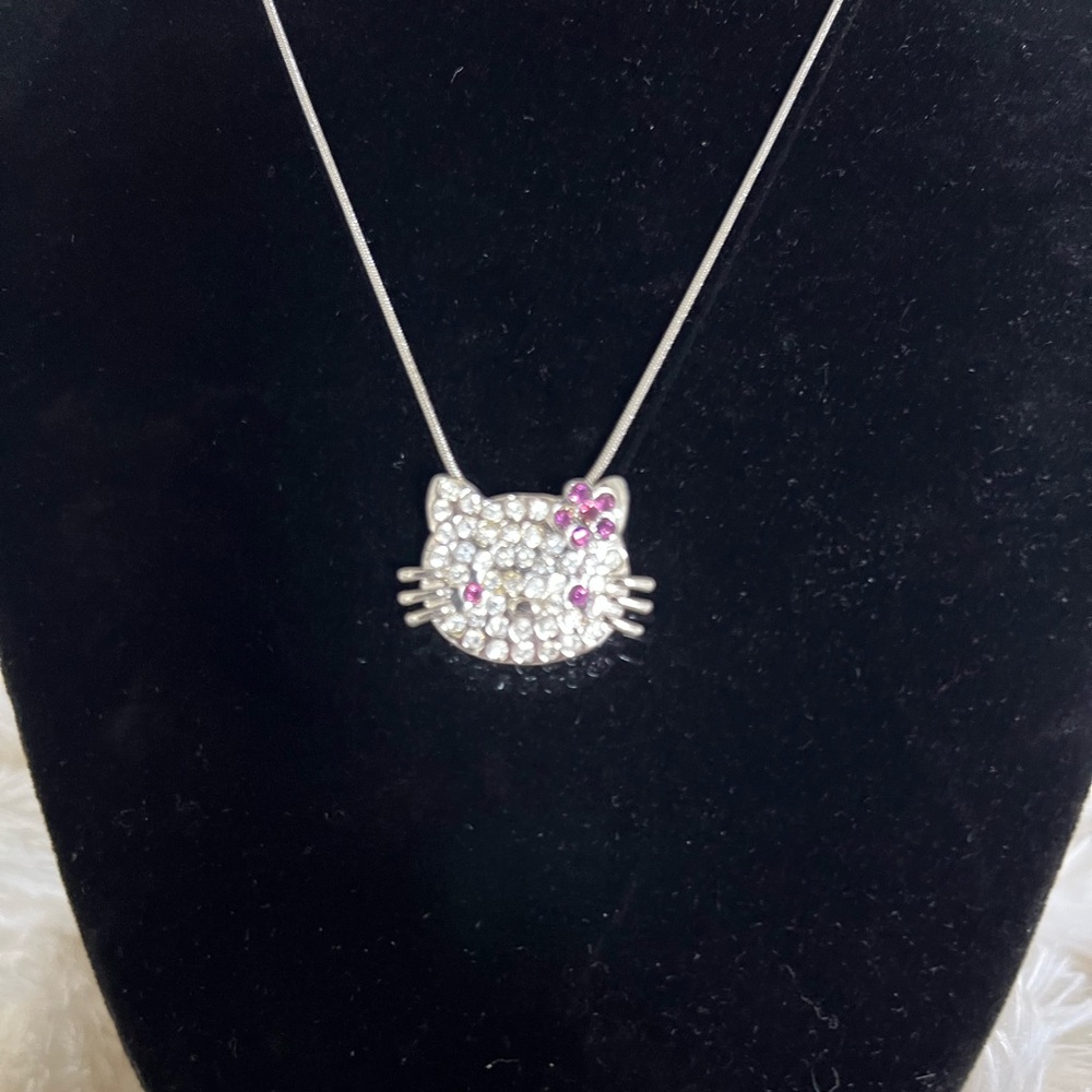 Kitty Crystal Pendant Necklace – Silver Tone with Pink Accents - NWOT
